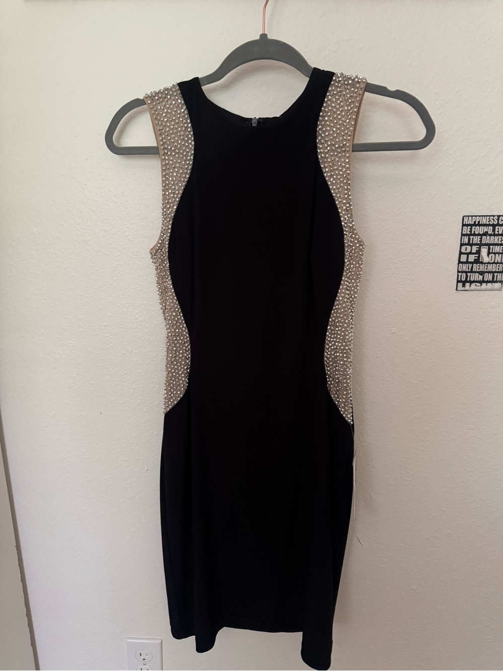 Xscape Black Midi Dress with Pearl-Embellished Cream Panels